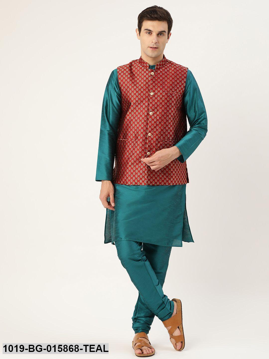 Men's Silk Blend Teal Green Kurta Pyjama & Maroon Nehru jacket Combo - Sojanya - Indiakreations