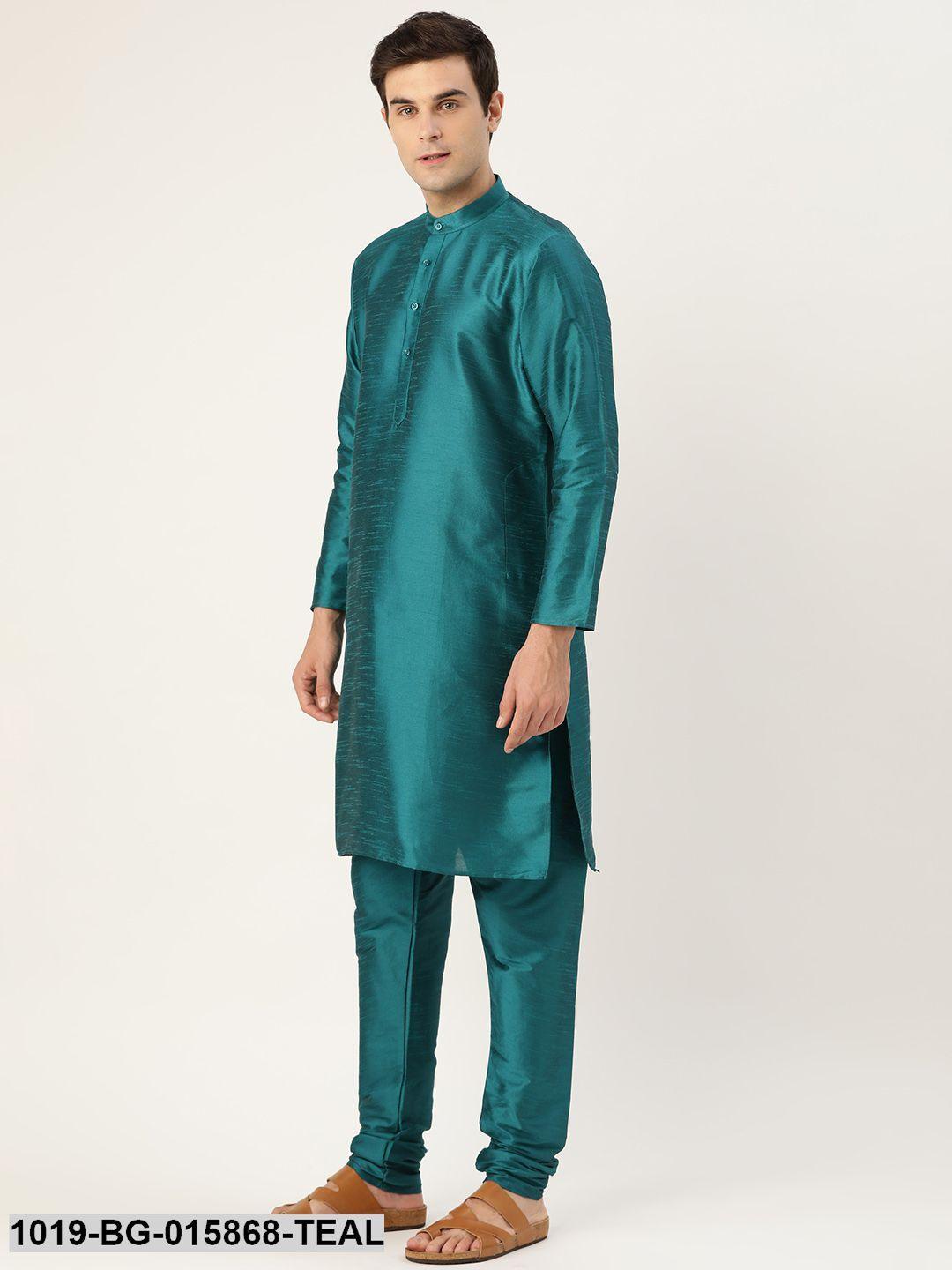 Men's Silk Blend Teal Green Kurta Pyjama & Maroon Nehru jacket Combo - Sojanya - Indiakreations