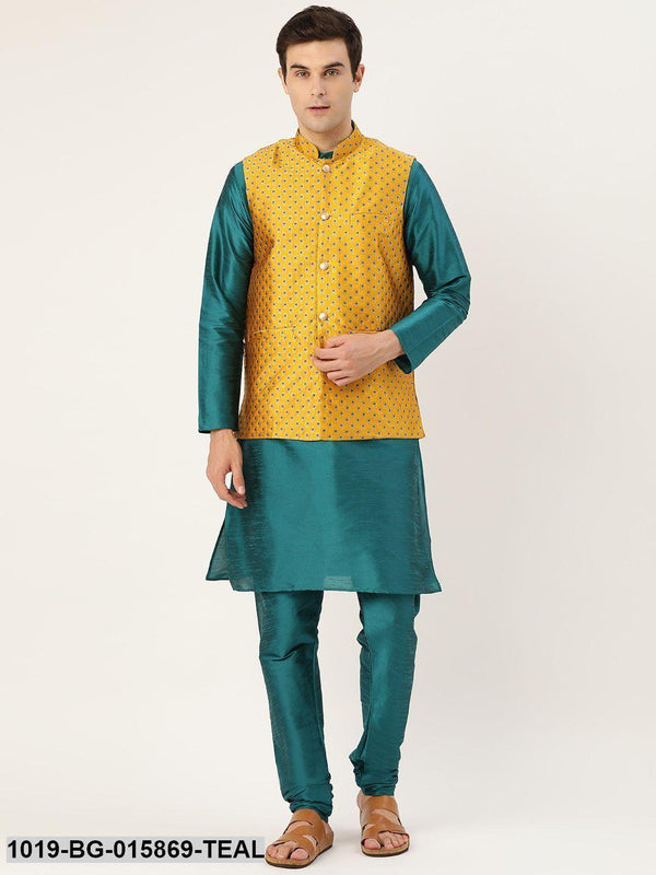 Men's Silk Blend Teal Green Kurta Pyjama & Mustard Nehru jacket Combo - Sojanya - Indiakreations