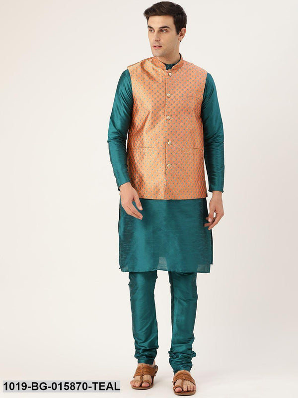 Men's Silk Blend Teal Green Kurta Pyjama & Peach Nehru jacket Combo - Sojanya - Indiakreations