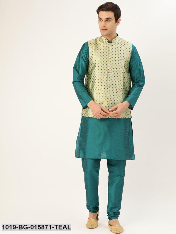 Men's Silk Blend Teal Green Kurta Pyjama & Peach Nehru jacket Combo - Sojanya - Indiakreations