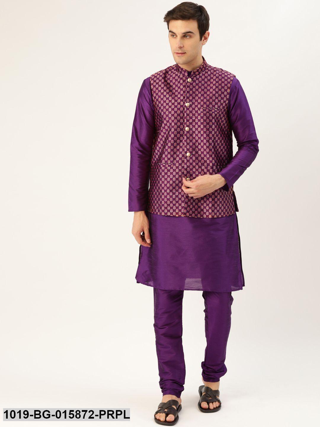 Men's Silk Blend Purple Kurta Pyjama & Wine Nehru jacket Combo - Sojanya - Indiakreations