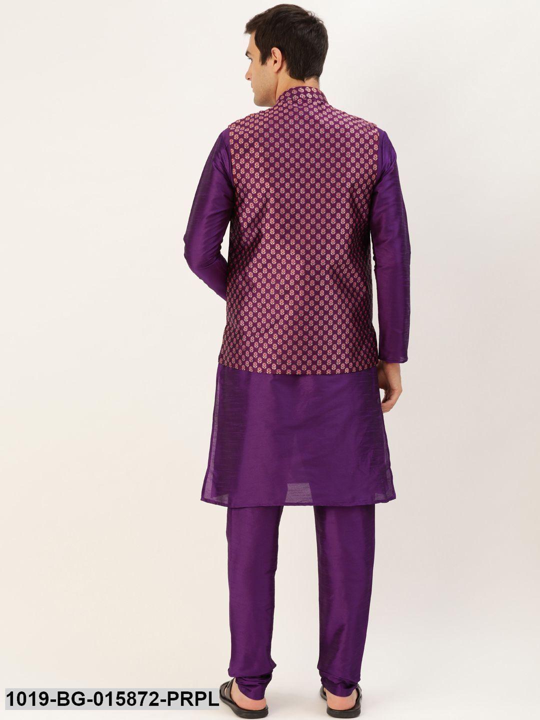 Men's Silk Blend Purple Kurta Pyjama & Wine Nehru jacket Combo - Sojanya - Indiakreations