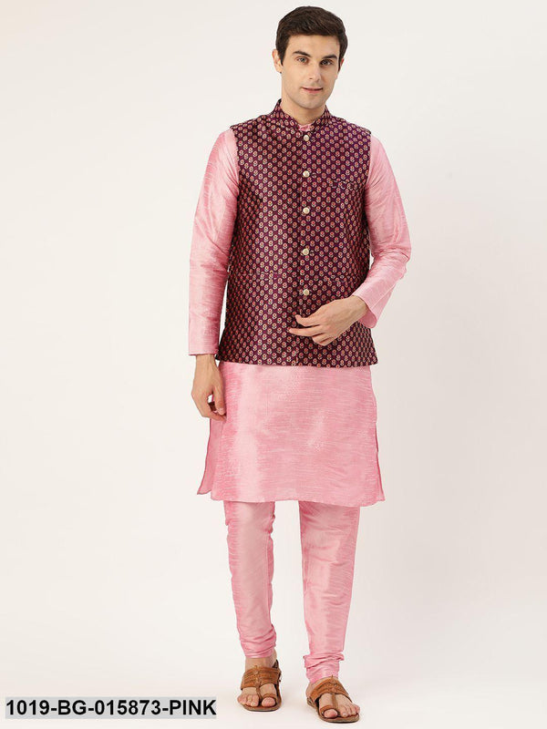 Men's Silk Blend Pink Kurta Pyjama & Wine Nehru jacket Combo - Sojanya - Indiakreations