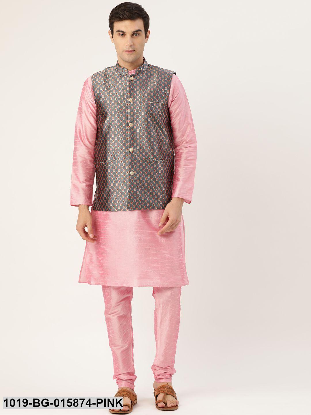 Men's Silk Blend Pink Kurta Pyjama & Charcoal Grey Nehru jacket Combo - Sojanya - Indiakreations