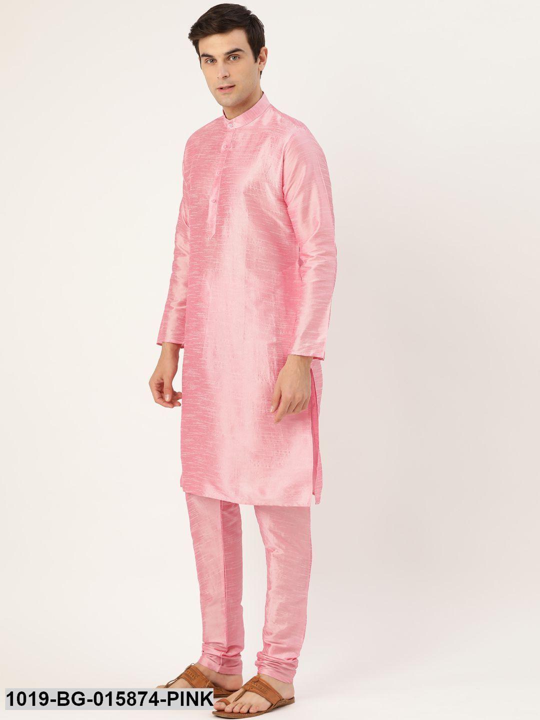 Men's Silk Blend Pink Kurta Pyjama & Charcoal Grey Nehru jacket Combo - Sojanya - Indiakreations