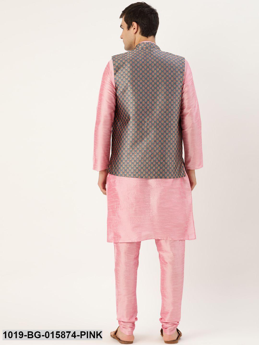 Men's Silk Blend Pink Kurta Pyjama & Charcoal Grey Nehru jacket Combo - Sojanya - Indiakreations