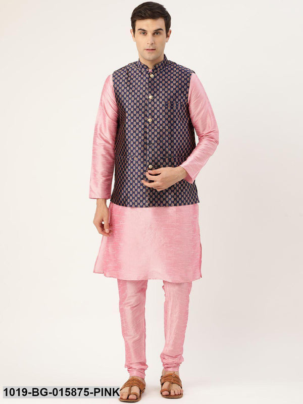 Men's Silk Blend Pink Kurta Pyjama & Navy Blue Nehru jacket Combo - Sojanya - Indiakreations