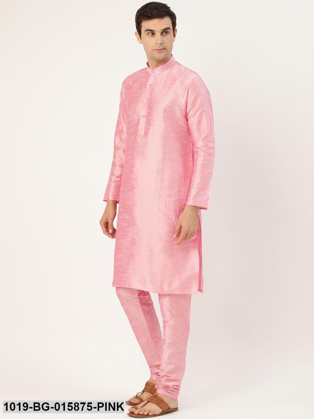 Men's Silk Blend Pink Kurta Pyjama & Navy Blue Nehru jacket Combo - Sojanya - Indiakreations