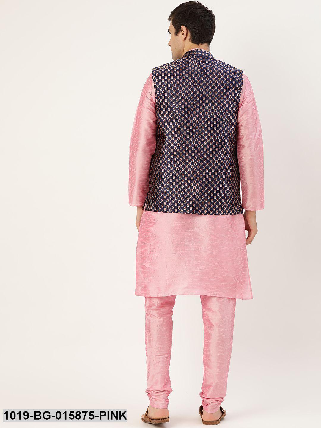 Men's Silk Blend Pink Kurta Pyjama & Navy Blue Nehru jacket Combo - Sojanya - Indiakreations