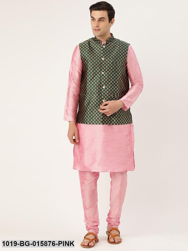 Men's Silk Blend Pink Kurta Pyjama & Dark Green Nehru jacket Combo - Sojanya - Indiakreations