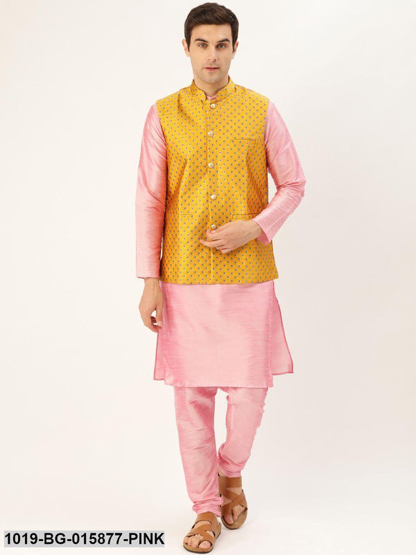 Men's Silk Blend Pink Kurta Pyjama & Mustard Nehru jacket Combo - Sojanya - Indiakreations