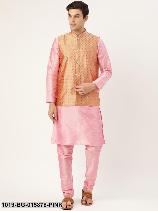 Men's Silk Blend Pink Kurta Pyjama & Peach Nehru jacket Combo - Sojanya - Indiakreations