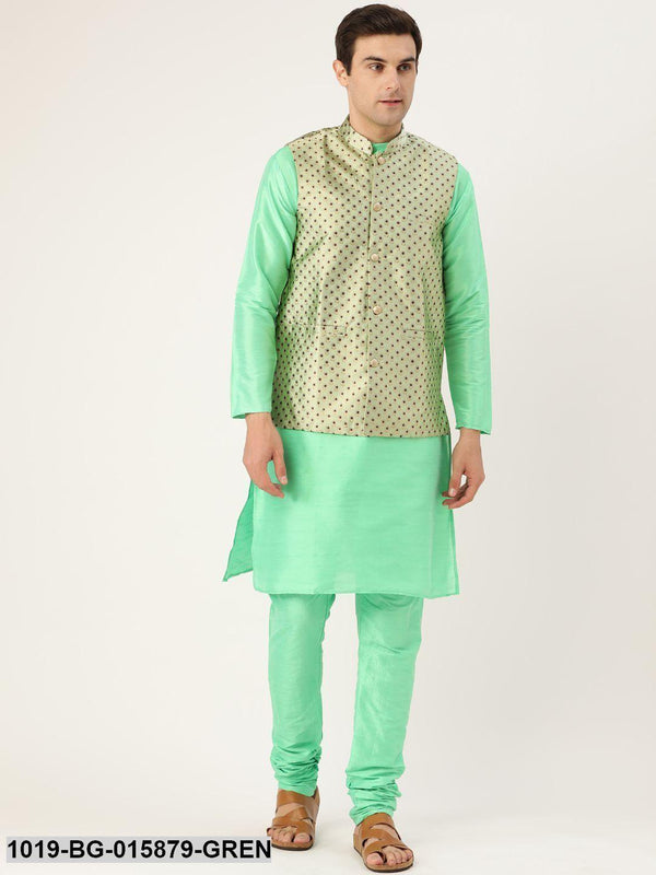 Men's Silk Blend Green Kurta Pyjama & Pista Green Nehru jacket Combo - Sojanya - Indiakreations