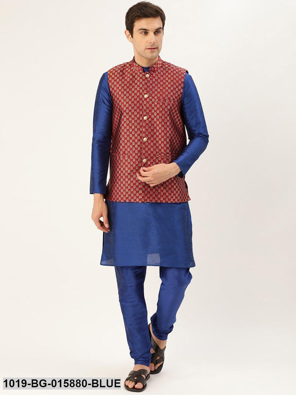 Men's Silk Blend Royal Blue Kurta Pyjama & Maroon Nehru jacket Combo - Sojanya - Indiakreations