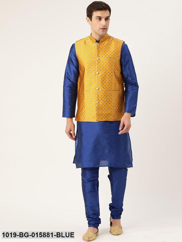 Men's Silk Blend Royal Blue Kurta Pyjama & Mustard Nehru jacket Combo - Sojanya - Indiakreations