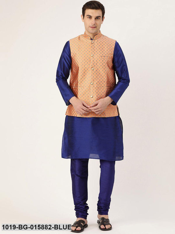 Men's Silk Blend Royal Blue Kurta Pyjama & Peach Nehru jacket Combo - Sojanya - Indiakreations