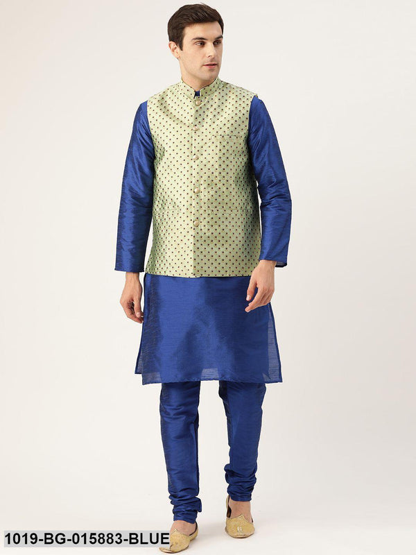 Men's Silk Blend Royal Blue Kurta Pyjama & Pista Green Nehru jacket Combo - Sojanya - Indiakreations