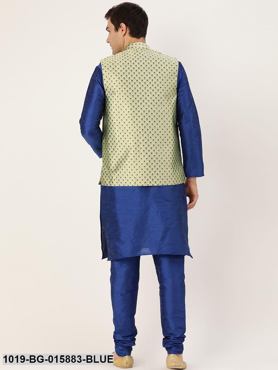 Men's Silk Blend Royal Blue Kurta Pyjama & Pista Green Nehru jacket Combo - Sojanya - Indiakreations