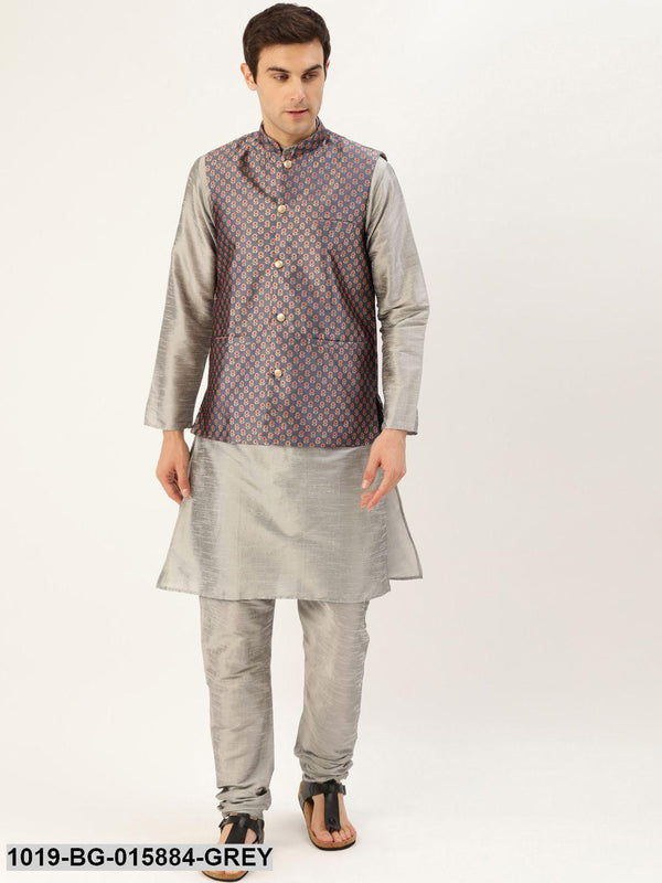 Men's Silk Blend Grey Kurta Pyjama & Charcoal Grey Nehru jacket Combo - Sojanya - Indiakreations