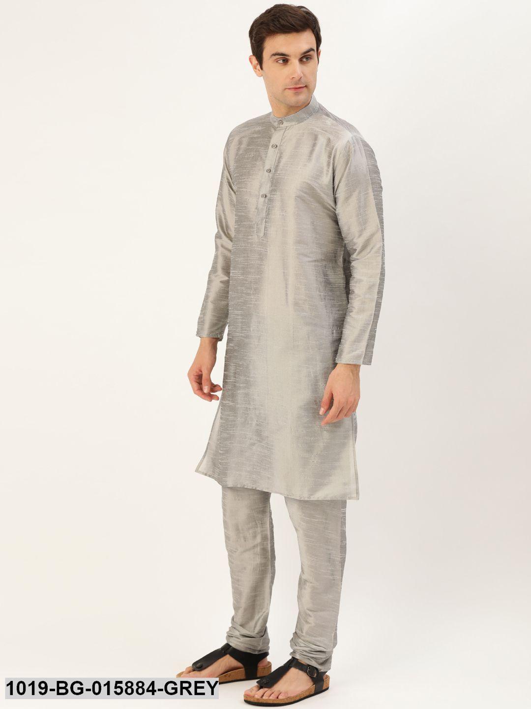 Men's Silk Blend Grey Kurta Pyjama & Charcoal Grey Nehru jacket Combo - Sojanya - Indiakreations