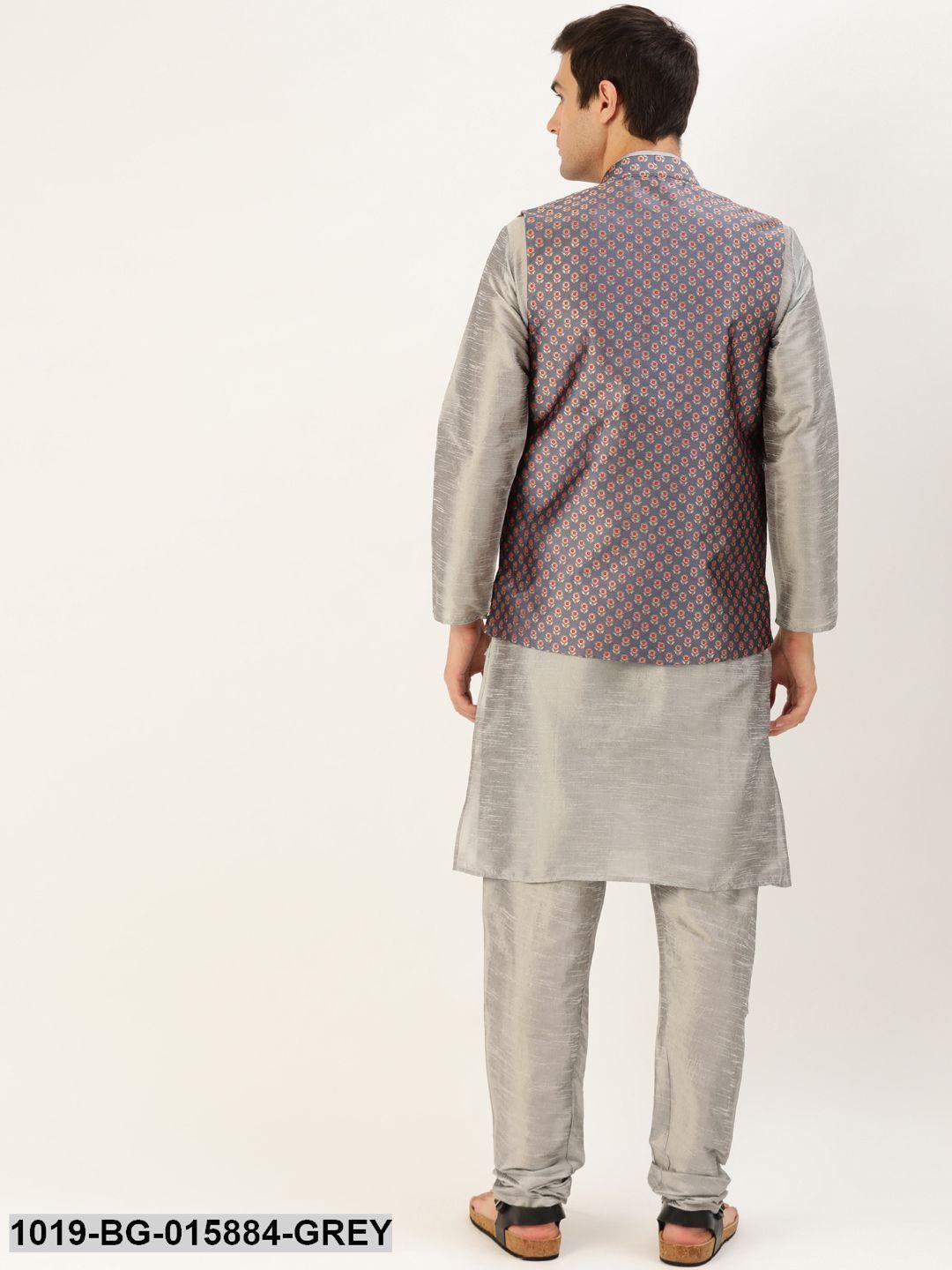 Men's Silk Blend Grey Kurta Pyjama & Charcoal Grey Nehru jacket Combo - Sojanya - Indiakreations