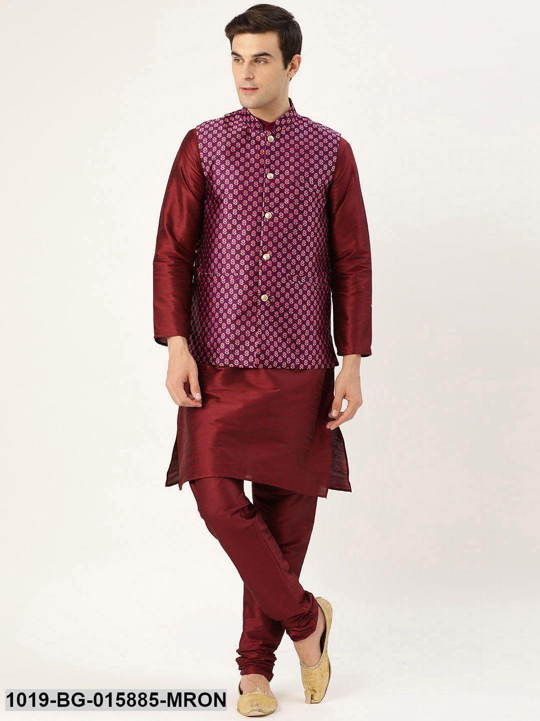 Men's Silk Blend Maroon Kurta Pyjama & Wine Nehru jacket Combo - Sojanya - Indiakreations