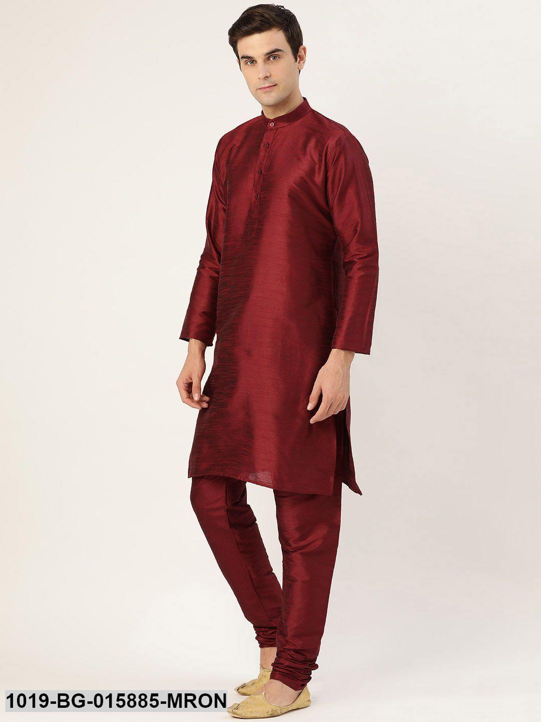 Men's Silk Blend Maroon Kurta Pyjama & Wine Nehru jacket Combo - Sojanya - Indiakreations