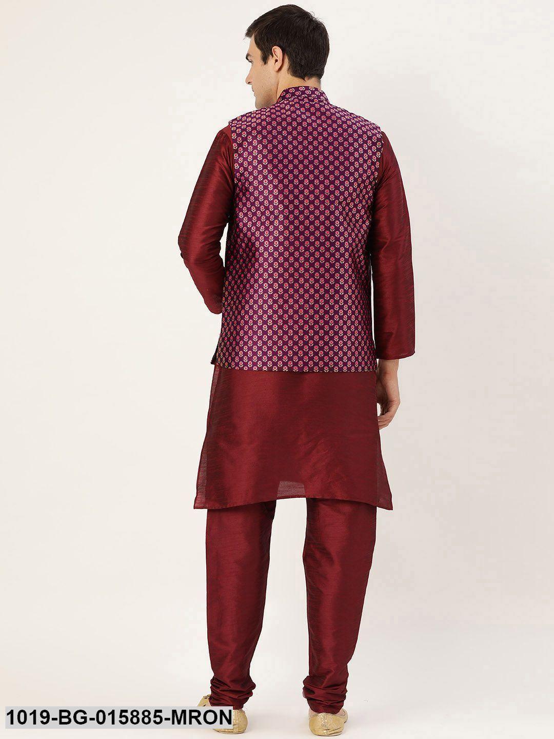 Men's Silk Blend Maroon Kurta Pyjama & Wine Nehru jacket Combo - Sojanya - Indiakreations