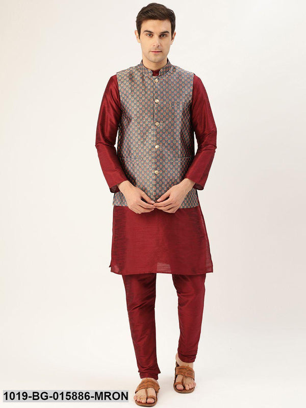 Men's Silk Blend Maroon Kurta Pyjama & Charcoal Grey Nehru jacket Combo - Sojanya - Indiakreations