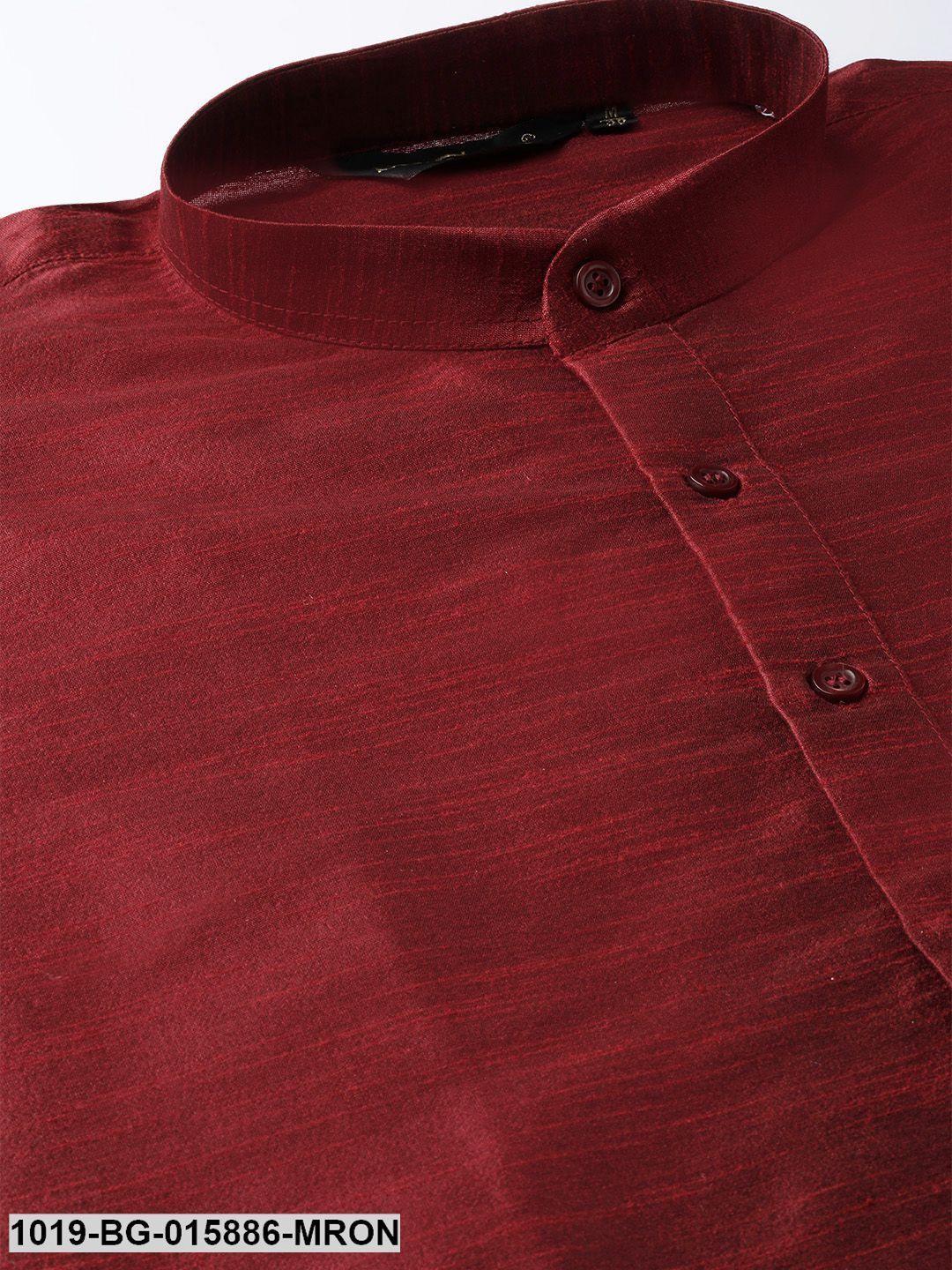 Men's Silk Blend Maroon Kurta Pyjama & Charcoal Grey Nehru jacket Combo - Sojanya - Indiakreations