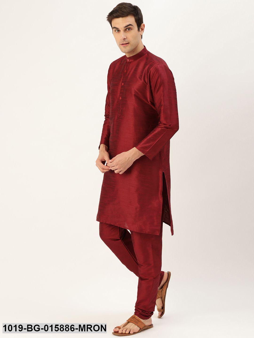 Men's Silk Blend Maroon Kurta Pyjama & Charcoal Grey Nehru jacket Combo - Sojanya - Indiakreations