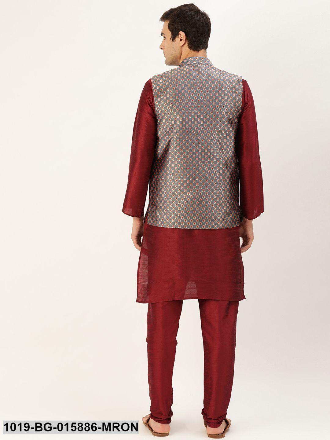 Men's Silk Blend Maroon Kurta Pyjama & Charcoal Grey Nehru jacket Combo - Sojanya - Indiakreations