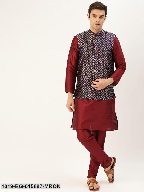 Men's Silk Blend Maroon Kurta Pyjama & Navy Blue Nehru jacket Combo - Sojanya - Indiakreations