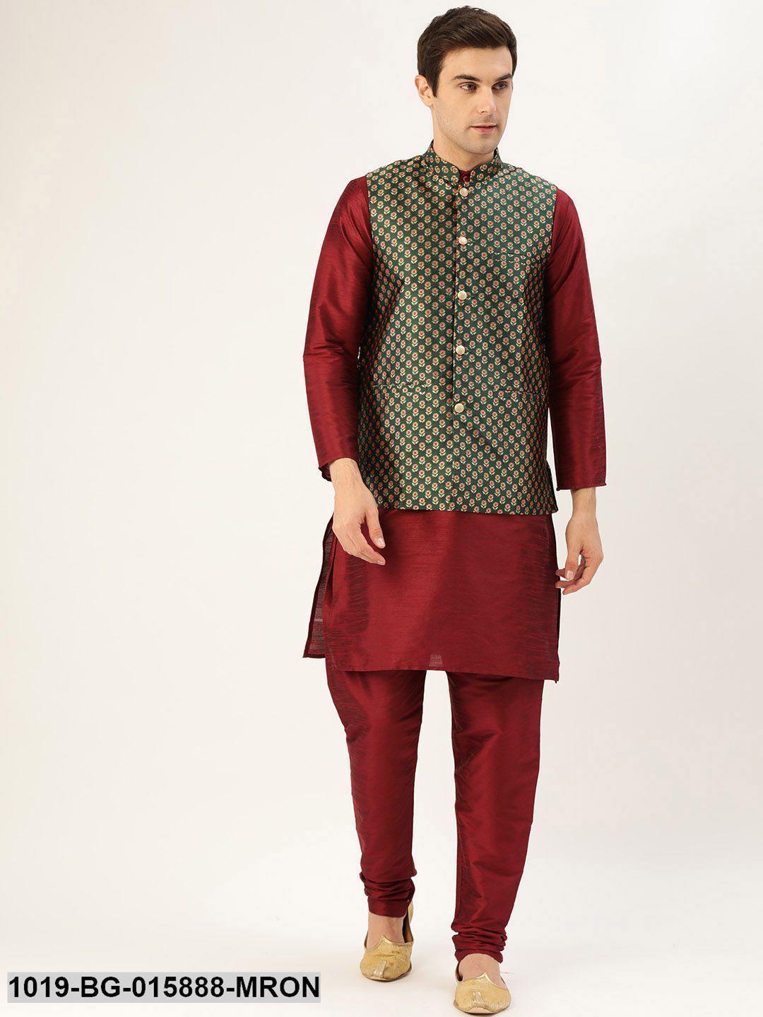 Men's Silk Blend Maroon Kurta Pyjama & Dark Green Nehru jacket Combo - Sojanya - Indiakreations