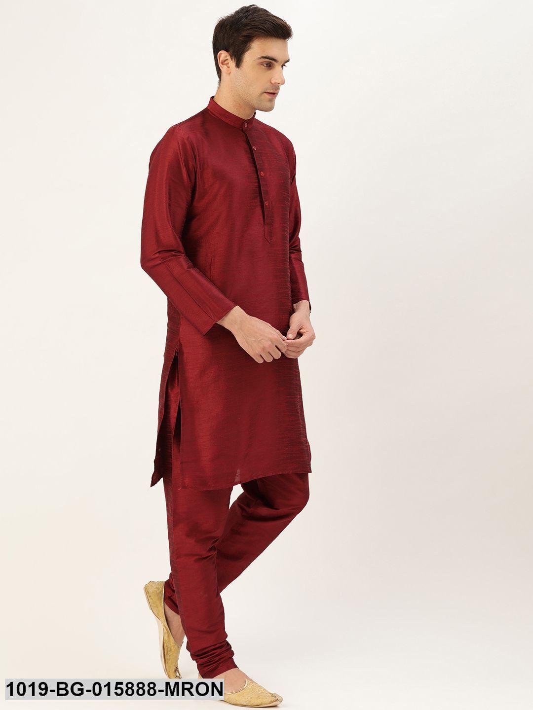 Men's Silk Blend Maroon Kurta Pyjama & Dark Green Nehru jacket Combo - Sojanya - Indiakreations