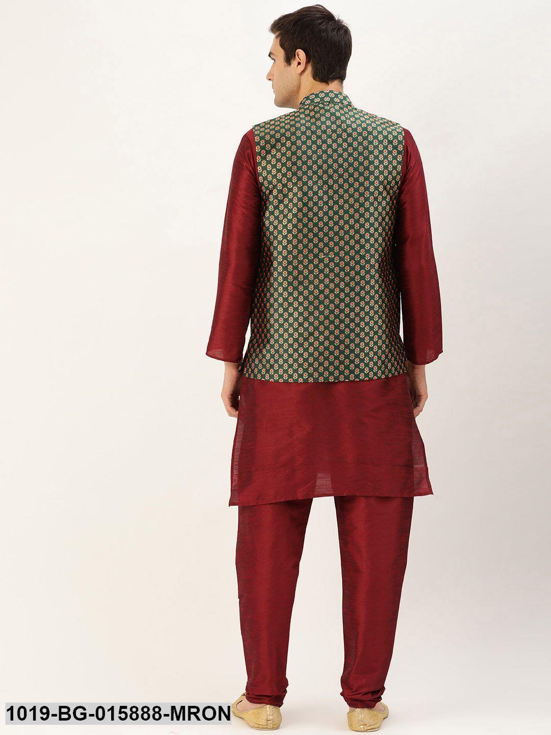 Men's Silk Blend Maroon Kurta Pyjama & Dark Green Nehru jacket Combo - Sojanya - Indiakreations