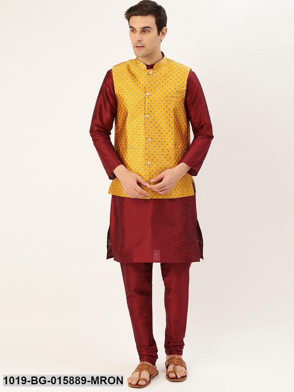 Men's Silk Blend Maroon Kurta Pyjama & Mustard Nehru jacket Combo - Sojanya - Indiakreations