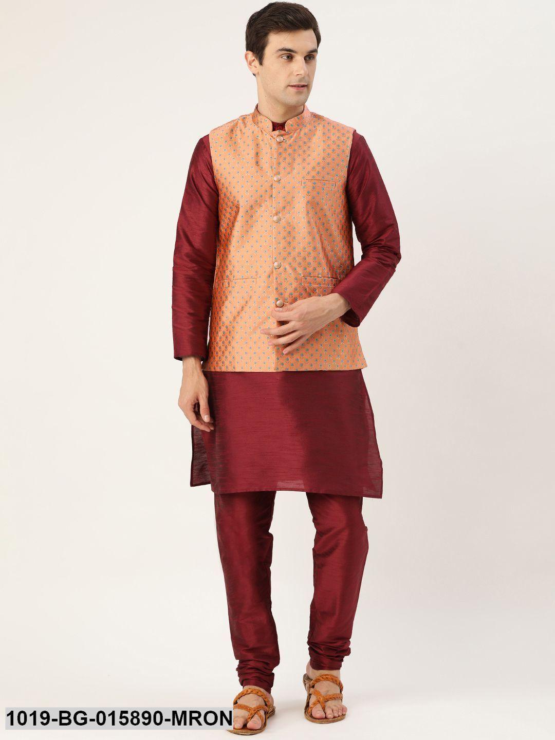 Men's Silk Blend Maroon Kurta Pyjama & Peach Nehru jacket Combo - Sojanya - Indiakreations