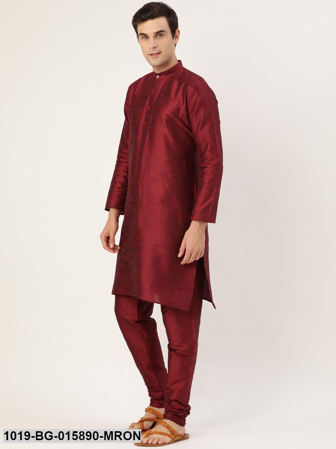 Men's Silk Blend Maroon Kurta Pyjama & Peach Nehru jacket Combo - Sojanya - Indiakreations