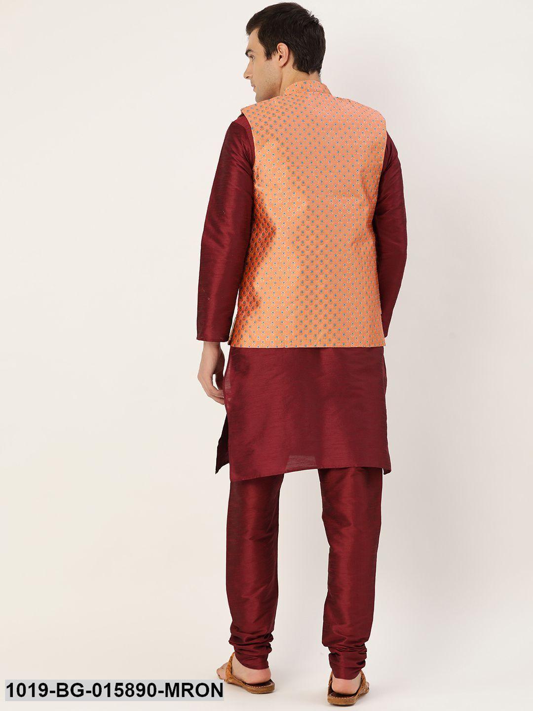 Men's Silk Blend Maroon Kurta Pyjama & Peach Nehru jacket Combo - Sojanya - Indiakreations