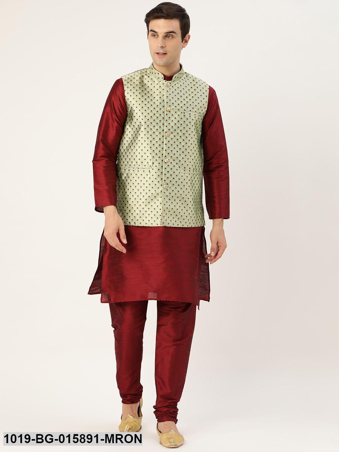 Men's Silk Blend Maroon Kurta Pyjama & Pista Green Nehru jacket Combo - Sojanya - Indiakreations