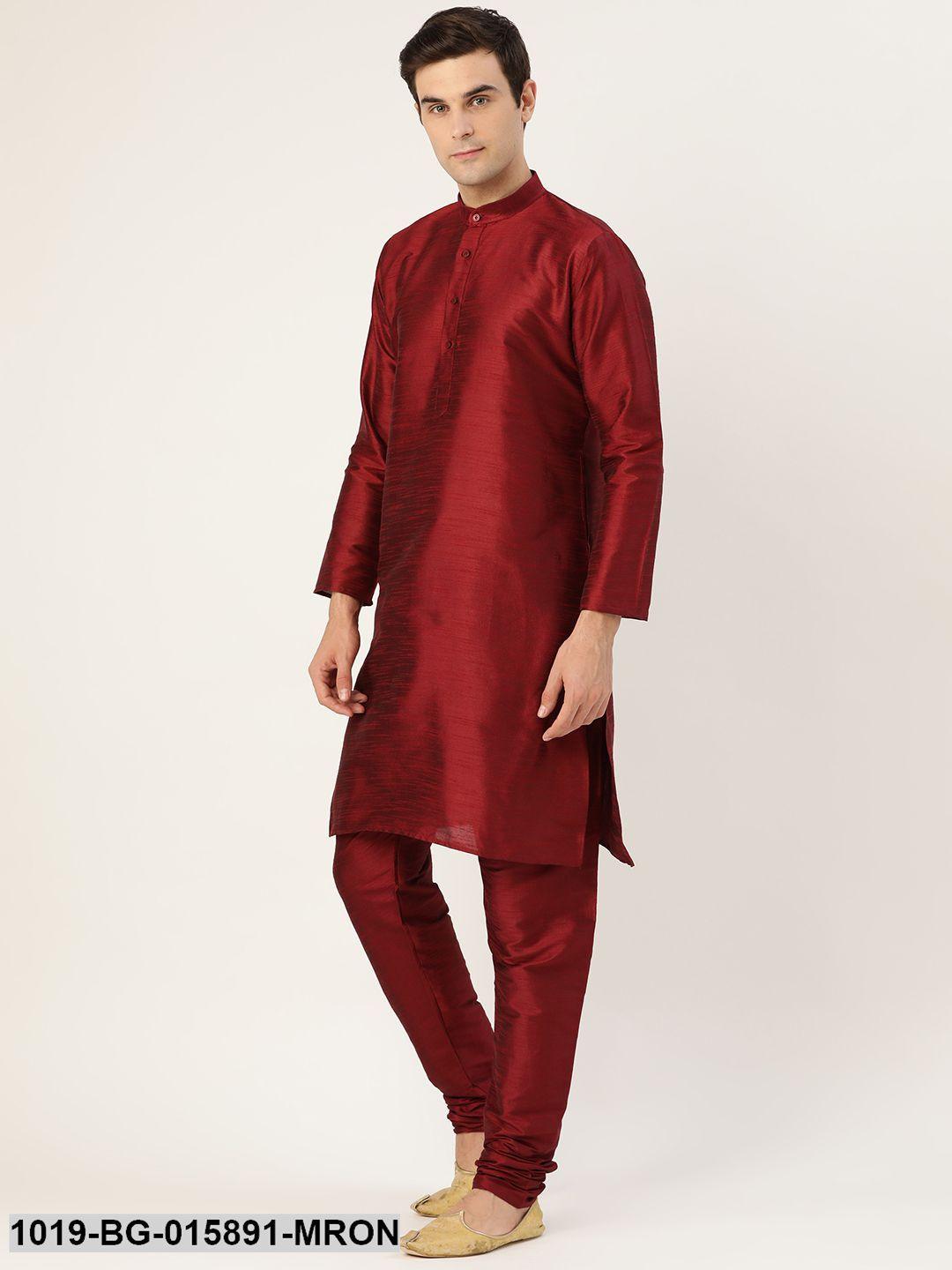 Men's Silk Blend Maroon Kurta Pyjama & Pista Green Nehru jacket Combo - Sojanya - Indiakreations