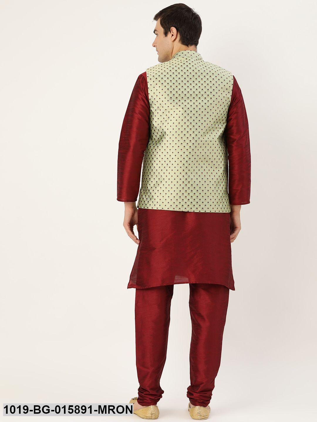 Men's Silk Blend Maroon Kurta Pyjama & Pista Green Nehru jacket Combo - Sojanya - Indiakreations