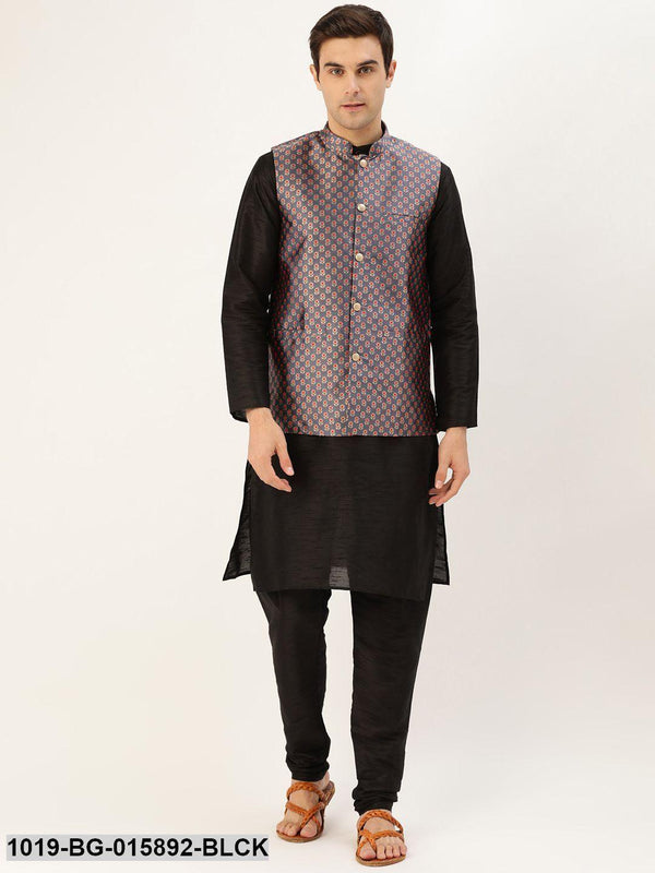 Men's Silk Blend Black Kurta Pyjama & Charcoal Grey Nehru jacket Combo - Sojanya - Indiakreations