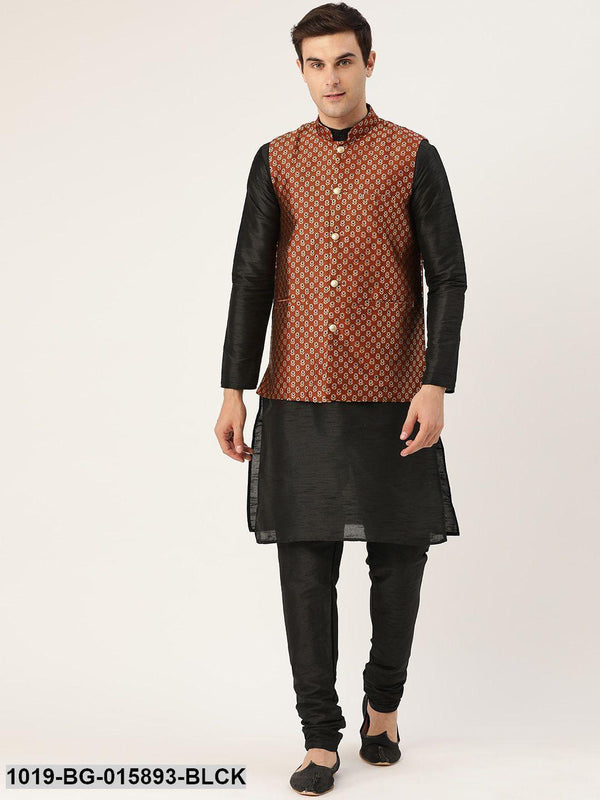 Men's Silk Blend Black Kurta Pyjama & Maroon Nehru jacket Combo - Sojanya - Indiakreations