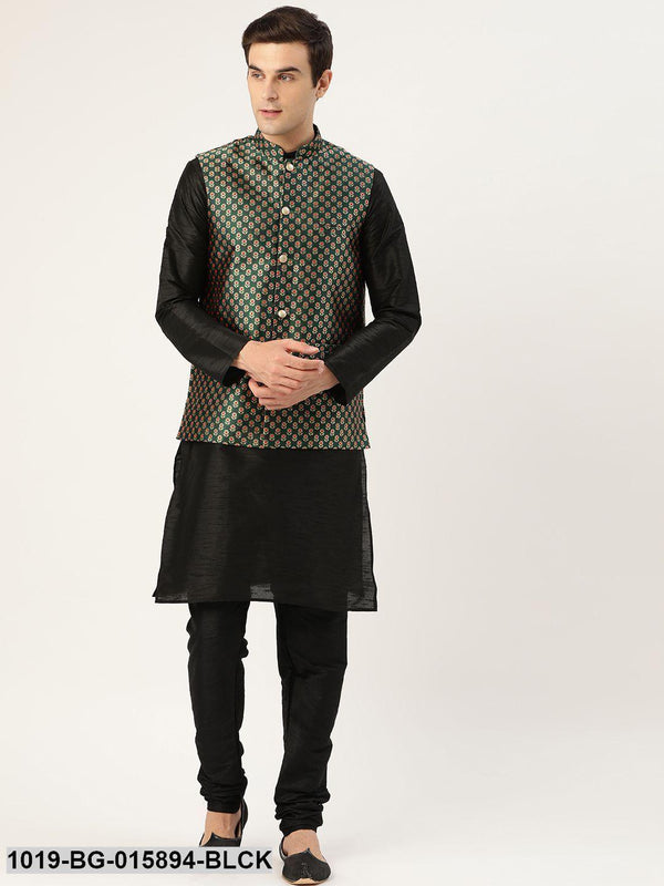 Men's Silk Blend Black Kurta Pyjama & Dark Green Nehru jacket Combo - Sojanya - Indiakreations