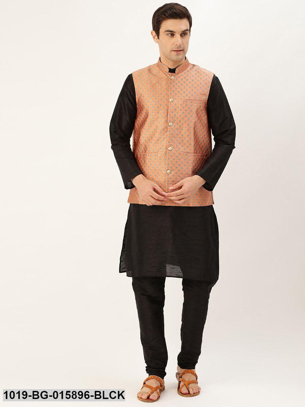 Men's Silk Blend Black Kurta Pyjama & Peach Nehru jacket Combo - Sojanya - Indiakreations