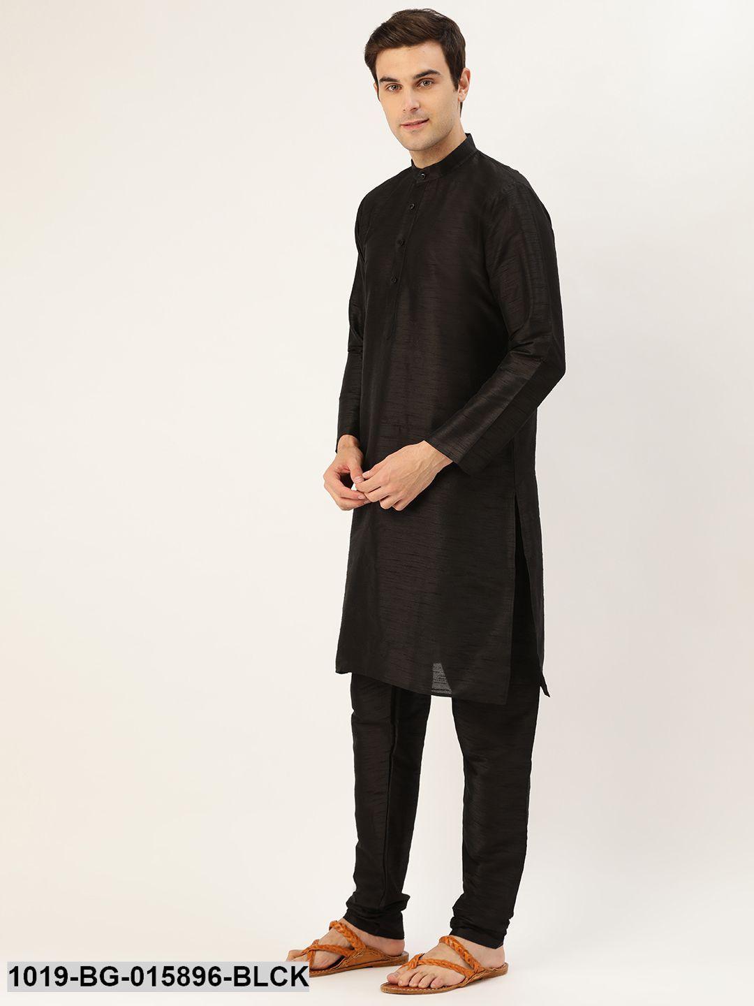 Men's Silk Blend Black Kurta Pyjama & Peach Nehru jacket Combo - Sojanya - Indiakreations