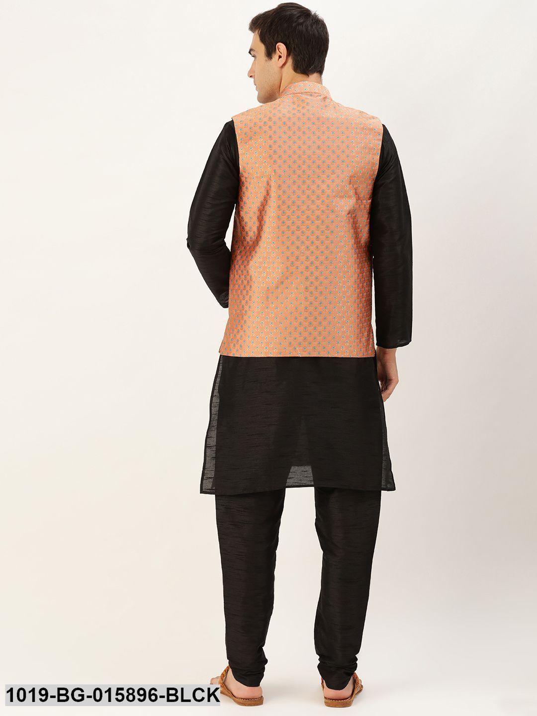 Men's Silk Blend Black Kurta Pyjama & Peach Nehru jacket Combo - Sojanya - Indiakreations